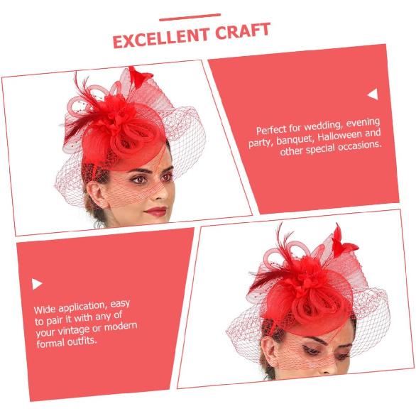 PRETYZOOM Cocktail Tea Party Headband with Red Mesh Flower and Decorative Clip, Fascinator Hat for Women and Special Occasion Accessories