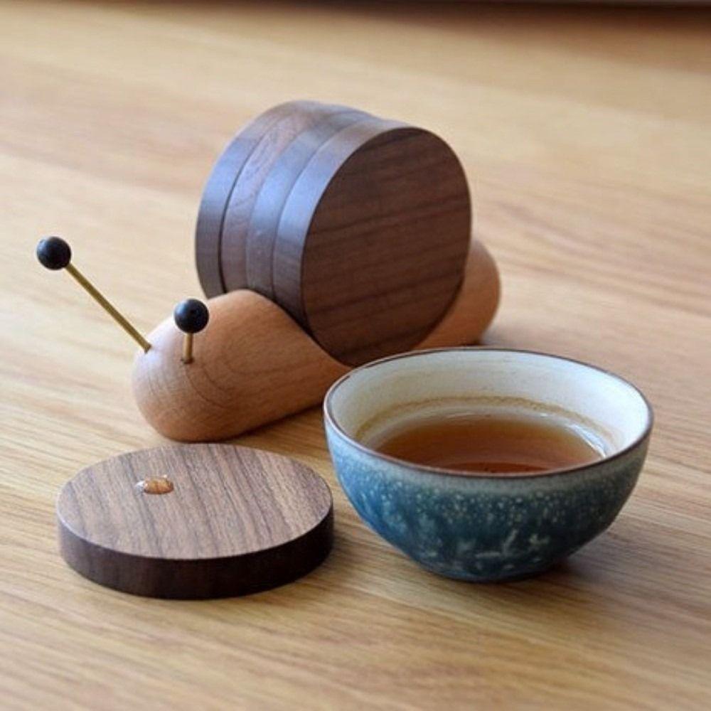 Snail Shape Drink Coaster Set Walnut Wooden Table Insulation Pad Cute Tea Cup Mat Living Room
