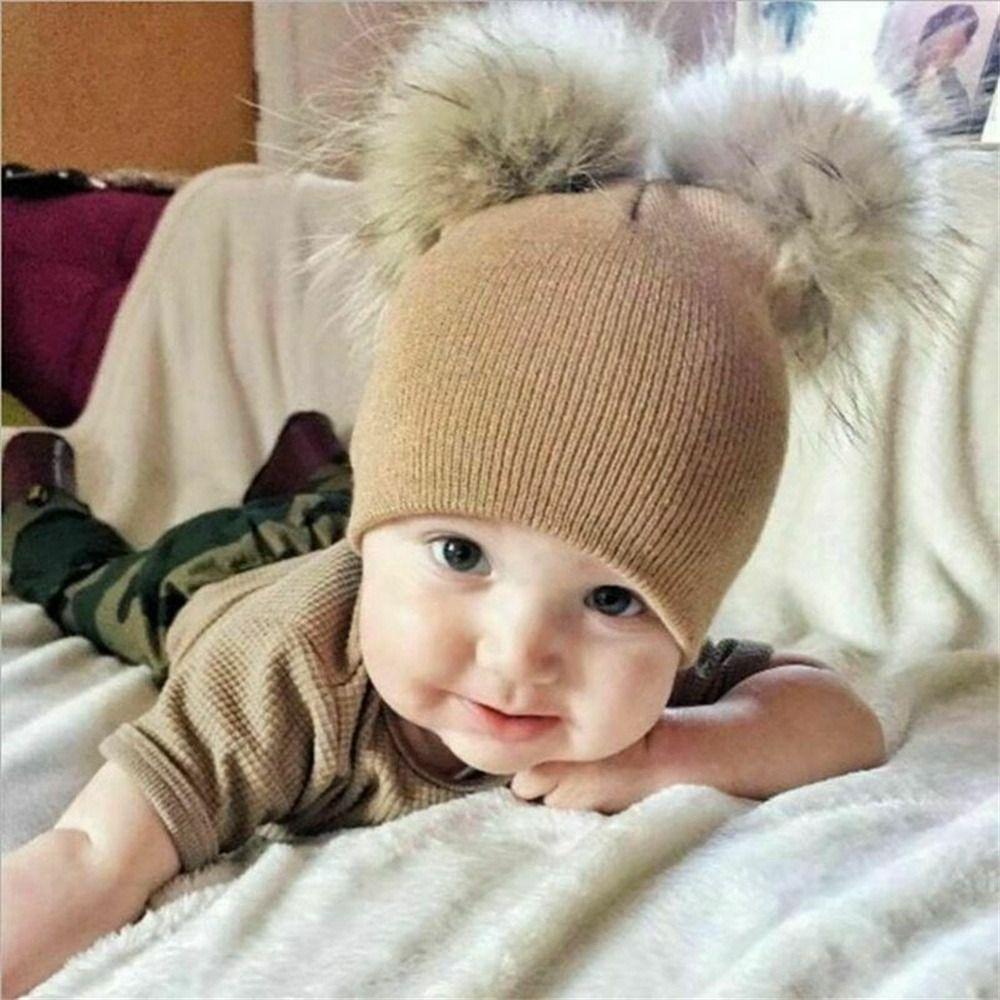 Зимняя Ветрозащитная Вязаная Шапка с Помпоном для Детей Детская Шапка-Бини Теплая