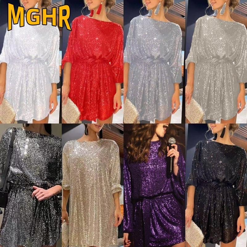 MGHR Женские модные повседневные платья с круглым вырезом, длинным рукавом, для лета и весны, однотонные, с принтом