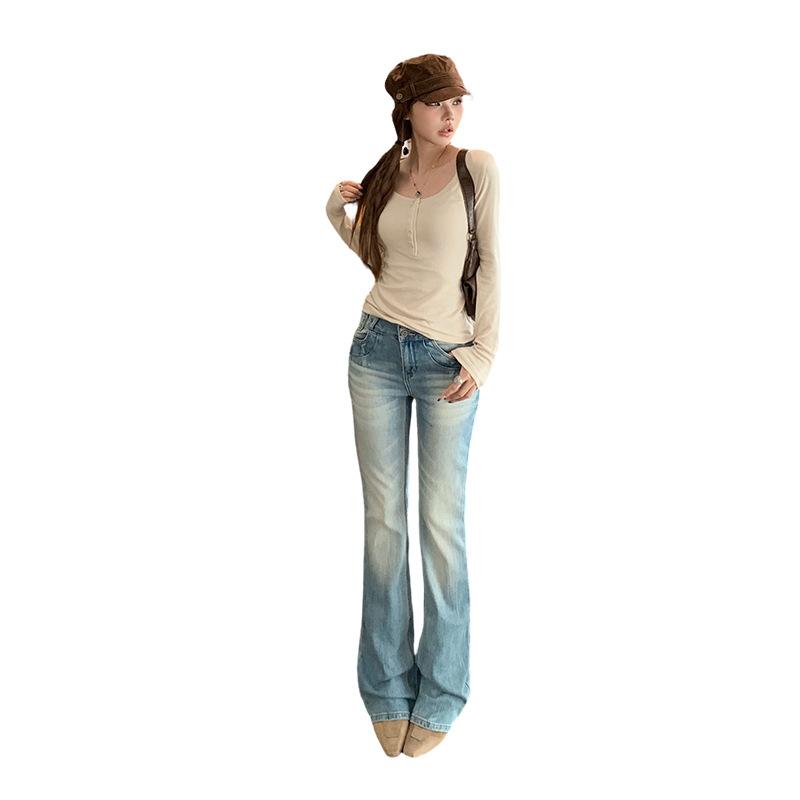 American retro Spice Girl slim-fit flared pants washed cat whisker two-button thin elastic jeans women's new