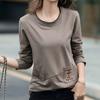 2025 Embroidered Pocket Long Sleeve T-shirt Women's Autumn Large Size Women's Splicing Bottom Shirt Top Trendy