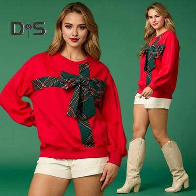 Рождественская толстовка с капюшоном для женщин с круглым вырезом и длинным рукавом, клетчатый принт, декор в виде банта, спортивные топы свободного кроя, повседневные пуловеры