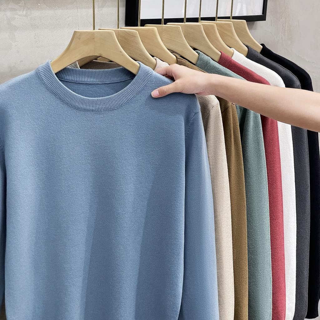 Однотонная рубашка с низом, повседневный свитер, вязаный свитер с длинным рукавом, мужской свитер с круглым вырезом, осенне-зимний большой размер, свободный, сохраняющий тепло топ