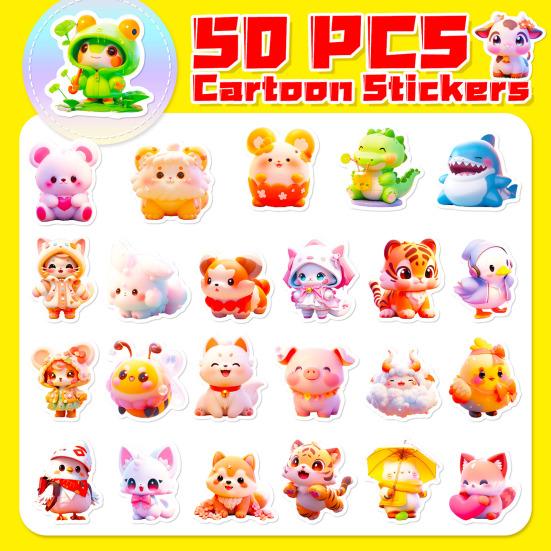 50Pcs Cute Animal Stickers Self-Adhesive Removable Waterproof Easy-Peel Laptop Scrapbook Notebook Skateboard Decals