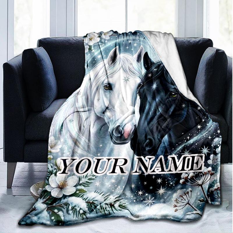 1PC Custom Name Horses Winter Wonderland flannel blanket versatile,all-season throw suitable for the living room,bedroom,camping,travel,and gift
