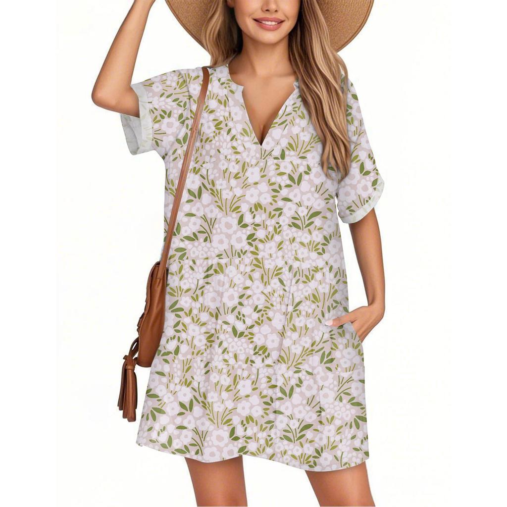 Women's Fashion Smock Hawaiian Floral Casual Short Sleeve V-neck T-shirt Dress Holiday Beach Dress