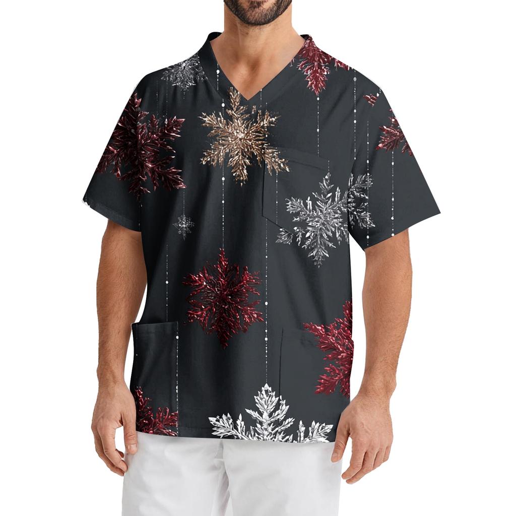 Мужская рабочая блузка с короткими рукавами и v-образным вырезом с принтом, топ с нагрудным карманом