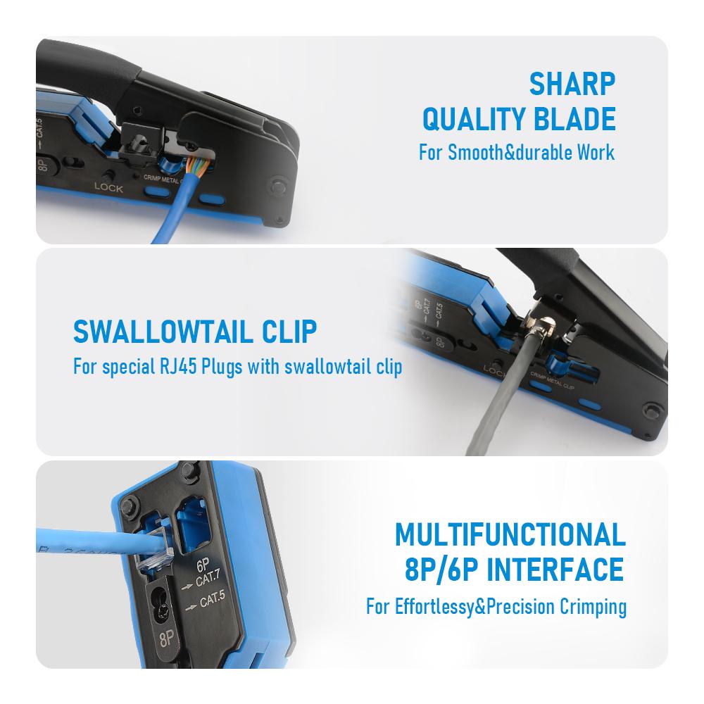 RJ45 Crimping Tool Kit for Cat5 Cat5e Cat6 Cat7, 8P6P Cable Crimper with Tester Mini Wire Stripper 10Pcs Plugs and Boots