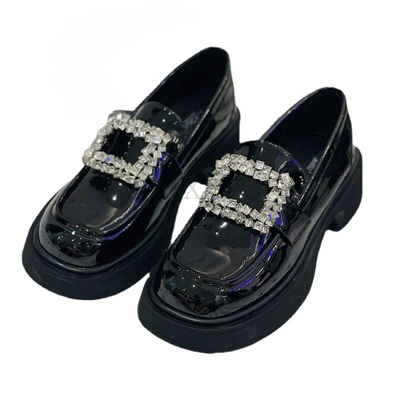 Низкие толстые каблуки Лоферы Женские Маленькие кожаные туфли Лолита Женские оксфорды со стразами Платформа Плоские женские кроссовки с круглым носком