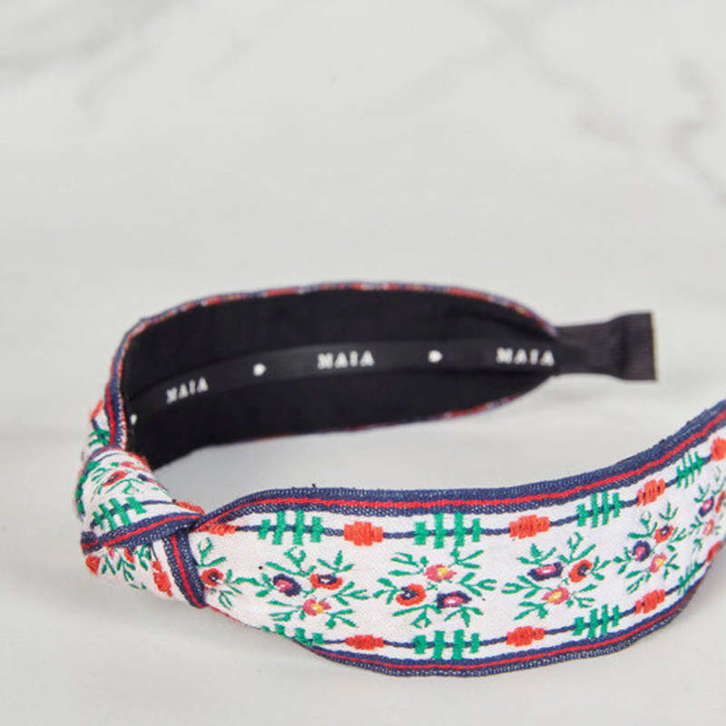 MAIA Зеленая жаккардовая повязка для волос с цветочным узором - Завязанная бело-зеленая