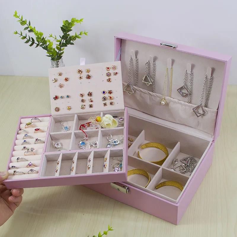 Двухслойная бархатная шкатулка для драгоценностей, кожаная большая вместительная европейская шкатулка для хранения ювелирных изделий, большой космический держатель для ювелирных изделий, подарочная коробка