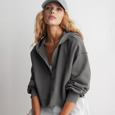 Женский укороченный свитшот свободного кроя с длинным рукавом, V-образным вырезом, худи, повседневный пуловер с капюшоном, укороченный топ для тренировок