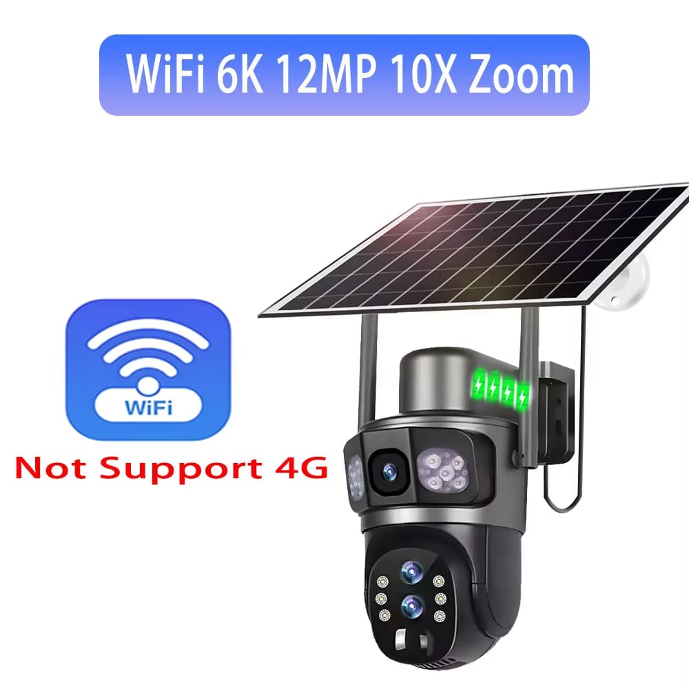 Solar Outdoor Surveillance Camera WiFi  6K Wireless 10X Zoom Three Lens 12MP 360 Cameras Auto Tracking CCTV IP Security Cam V380