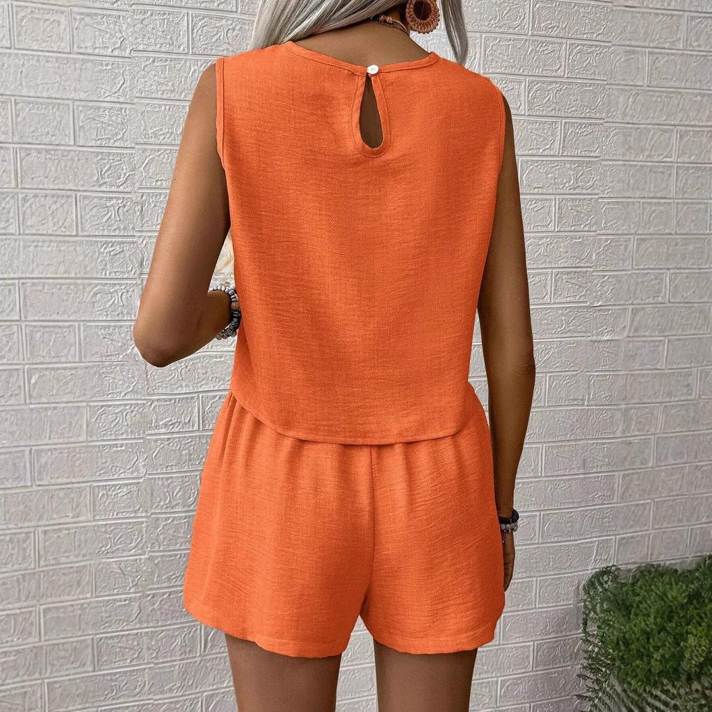 Повседневная женская однотонная простая модная повседневная безрукавная блузка с шортами костюм для женщин