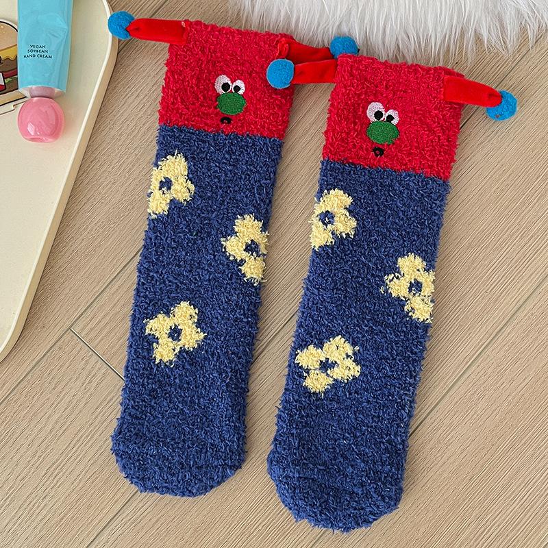 Super Cute Cartoon Socks Medium Tube Socks Season Thickened Warm Coral Fleece Socks Embroidered Expression Floor Sleeping Socks