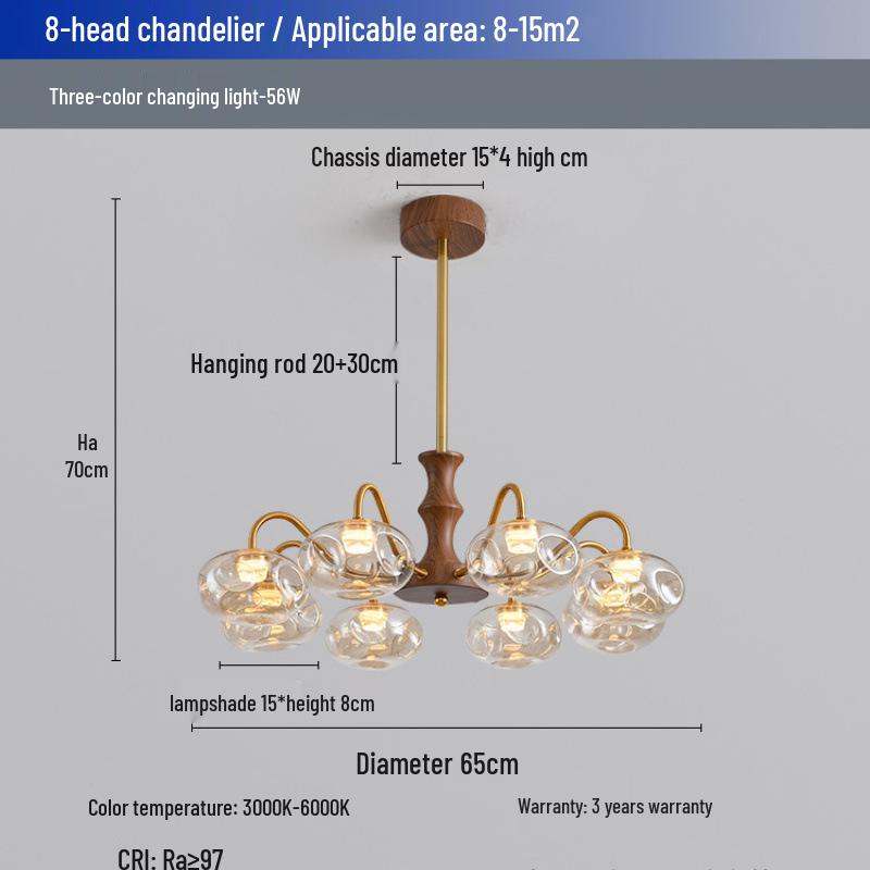 American Retro Walnut and Glass Chandelier for Living Room