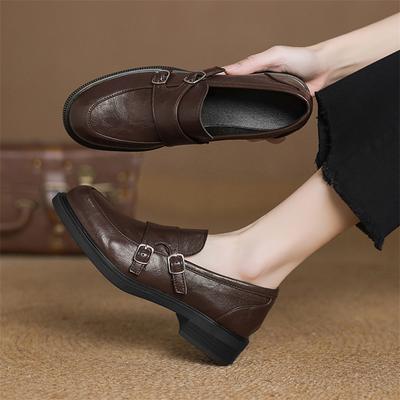 FOREADA Женские лоферы Круглый носок Толстый средний каблук Пряжка Лаконичный дизайн Женская мода Повседневные Весна Осень Коричневый Черный 43