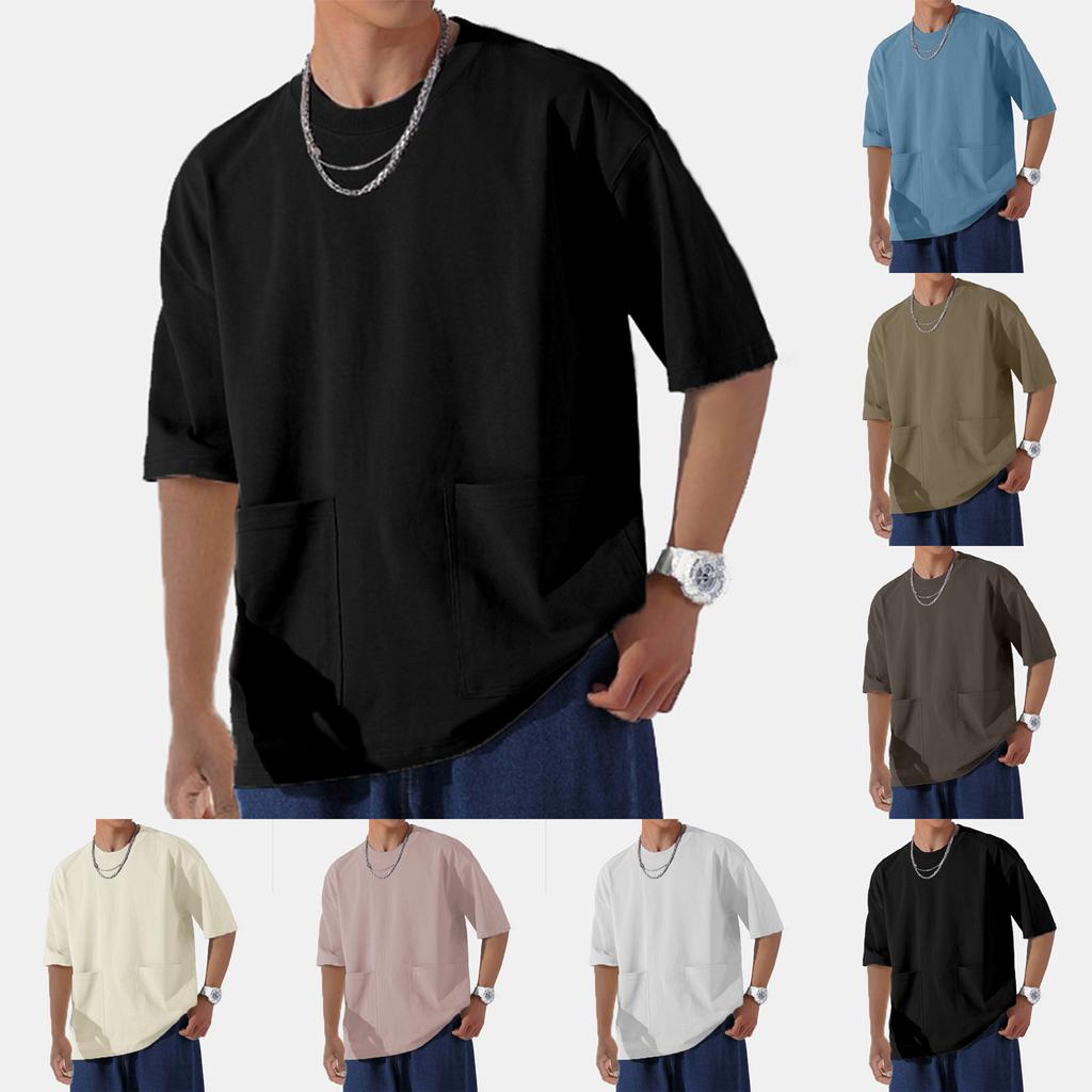 Men's Retro Solid Color Double Pocket Wide Cut Large Drop Shoulder 5/4 Sleeve T-shirt