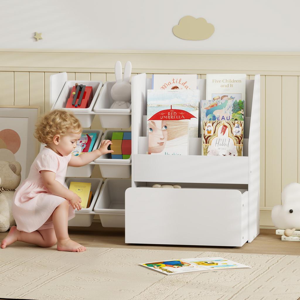 Toy Shelf, Children's Room Shelf with 6 Bins, Book Storage, Rolling Box, 100 x 30 x 80 cm, MDF, Steel, White