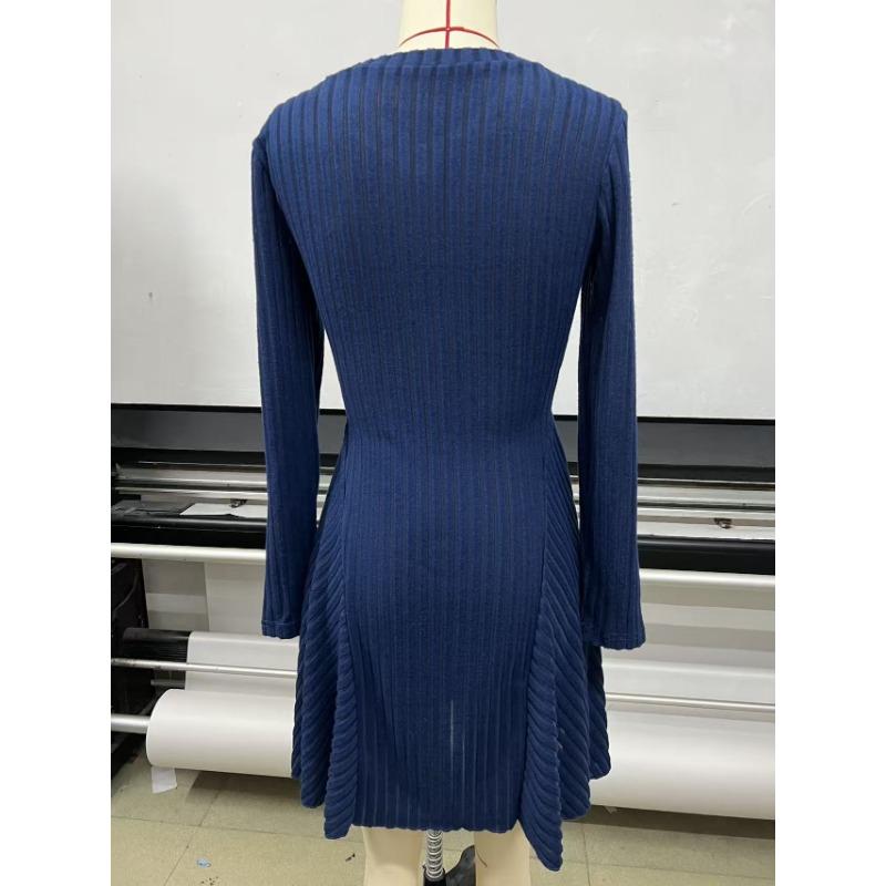 Женское элегантное вязаное платье-миди с V-образным вырезом, длинным рукавом, расклешенное, А-силуэта