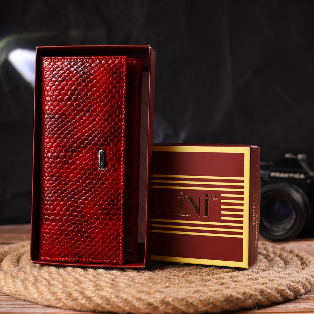 Превосходный Женский кошелек из натуральной лакированной кожи с тиснением под змею CANPELLINI Wallet 21655 Красный