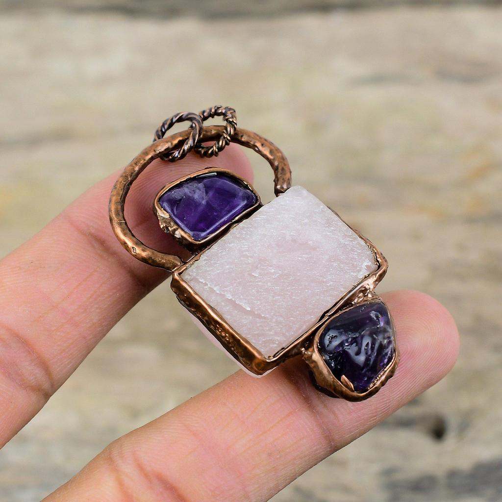 Rose Quartz Rough Pendant Electroformed Copper Pendant African Amethyst Rough Jewelry Gemstone Pendant Electroformed Jewelry Pendant For Her