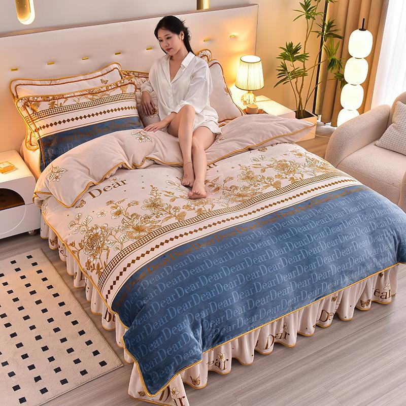 Утолщенный Молочный Флис Четырехпредметный Пододеяльник из Кораллового Флиса, Флисовая Простыня, Двустороннее Флисовое Фланелевое Постельное Белье, Юбка для Кровати