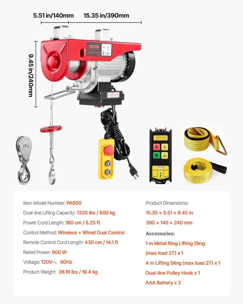 Electric Hoist Crane Winch 1320 lbs 328 ft Wireless & 14 ft Wired Remote