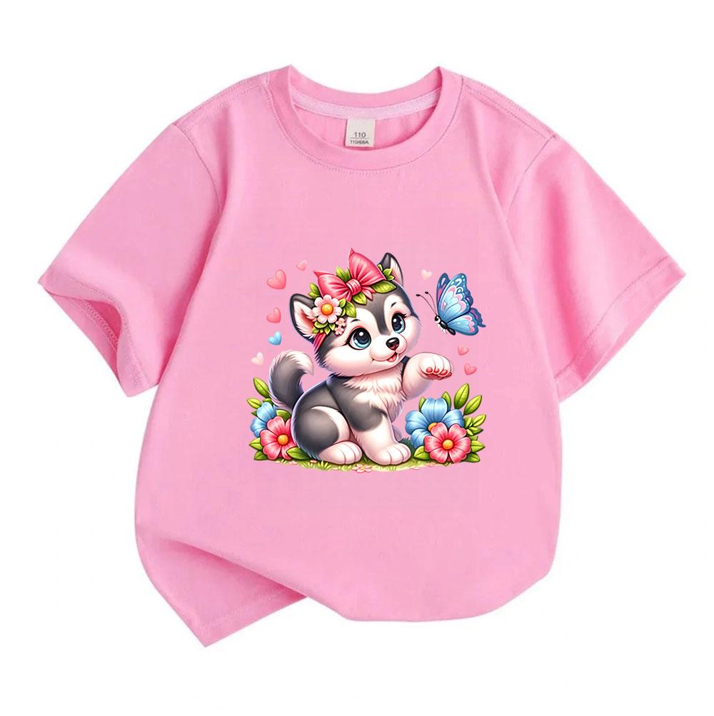 Kids Boys Girls 100% Cotton Crew Neck Short Sleeve T-Shirt, Cute Husky Puppy with Bow Flower Butterfly Print Casual Soft Summer Tee Tops for Children