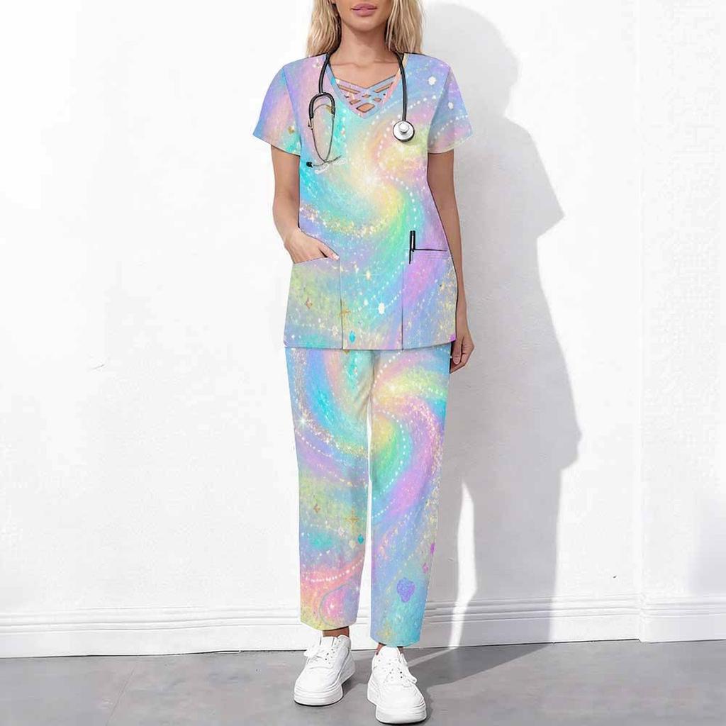 Women Plus Size Printed Scrub Set Crisscross Cutout Neck Short Sleeve Top Long Pants With Pockets