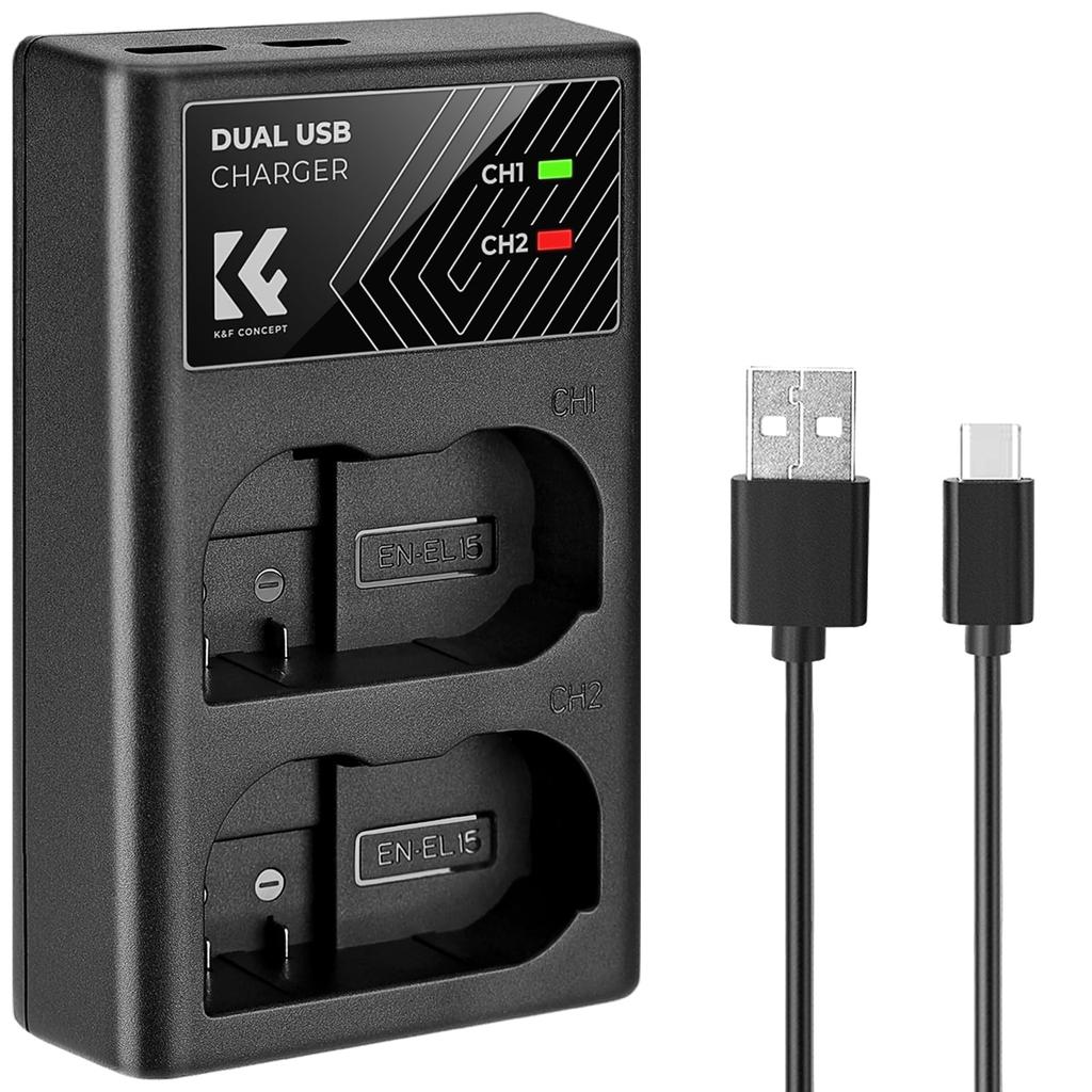 CONCEPT Camera Charger with Charging Compatible with Nikon ZF V1 K&F EN-EL15C/EN-EL15A/EN-EL15B/EN-EL15 Indicator, Type-C USB, Z8, D7000, D7100,