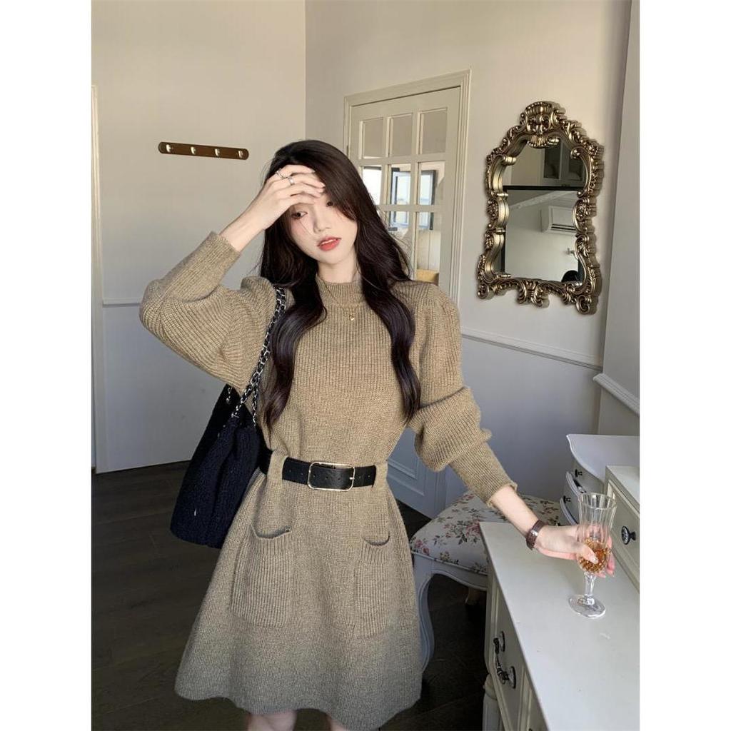 Chic Korean Style Knitted Sweater Dress for Autumn & Winter - Slimming Waist, Thick Base Layer