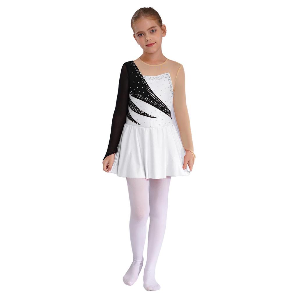 Платье для катания на коньках для девочек с длинным рукавом, круглым вырезом, контрастными стразами, открытой спиной, танцевальный костюм
