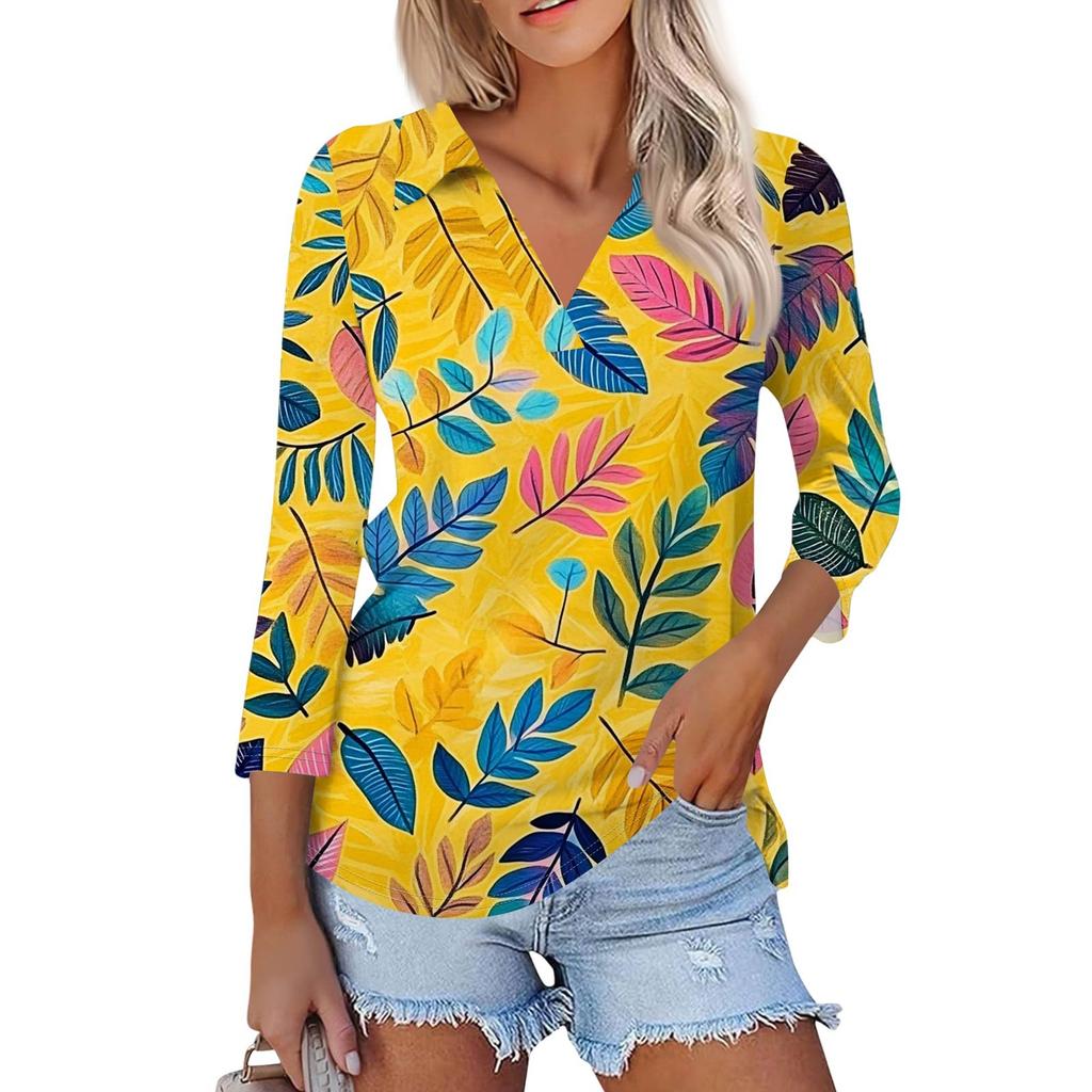 Женская летняя модная повседневная рубашка с v-образным вырезом и семью рукавами с принтом, топ