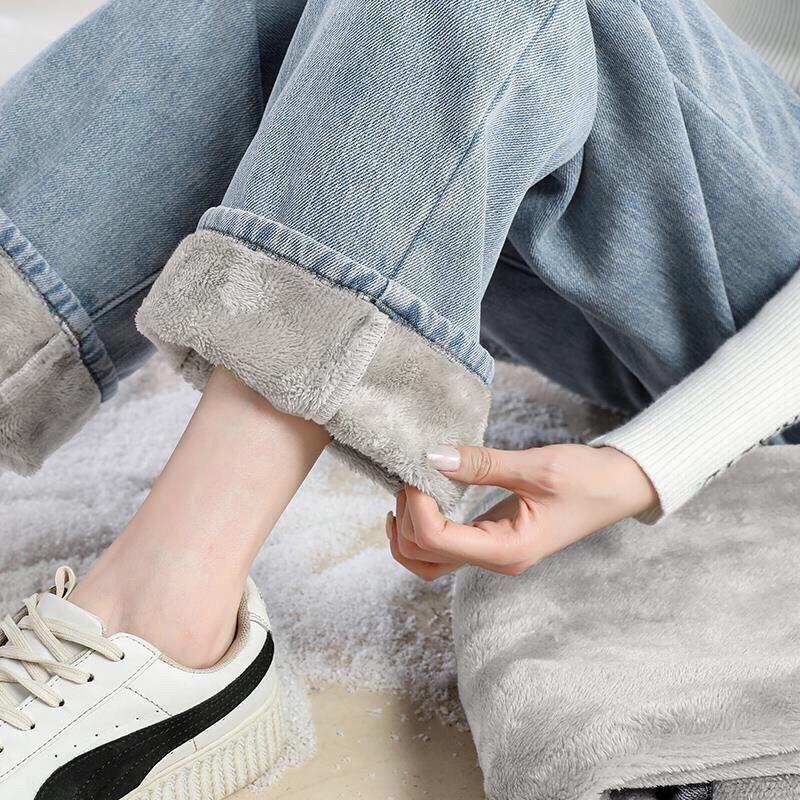 Thick High Waisted Drooping Casual Wide Leg Jeans for Women with Plush Insulation Loose Fitting Straight Leg Mop for Outerwear Winter Pants