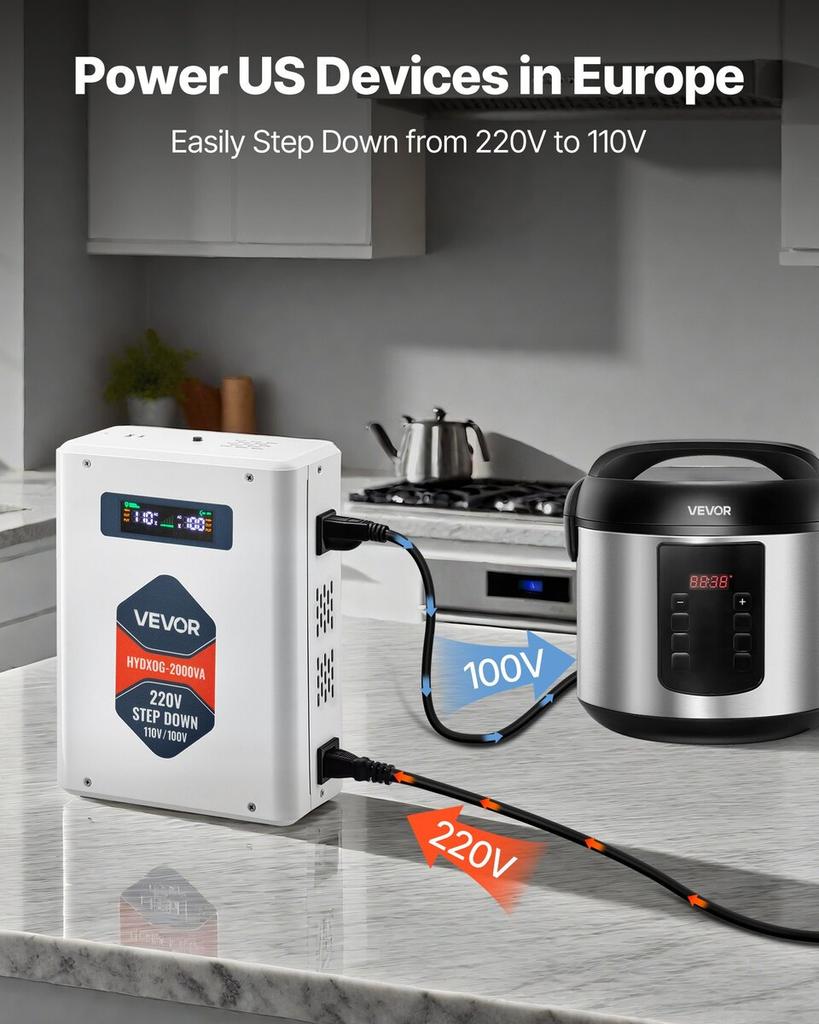 Step Down Voltage Converter, 2000VA, Heavy Duty Voltage Power Converter, 220V to 110V Power Transformer, with 2 US Outlets, USB Output, LCD Display,