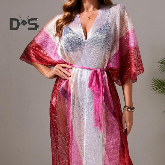 Женская пляжная одежда, прикрытие, свободный кардиган с бахромой и солнцезащитным кремом, контрастный цвет сетки, сексуальное бикини, прикрытие для пляжного отдыха у бассейна, загара