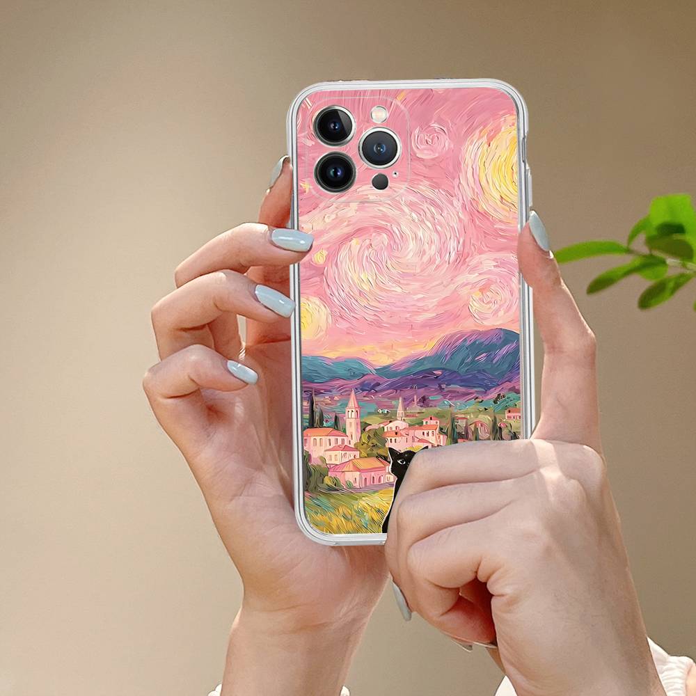 Черный кот Ван Гог ТПУ Силиконовый чехол для IPhone 11 12 13 14 15 16 17 Pro Max Ударопрочный Прозрачная задняя крышка