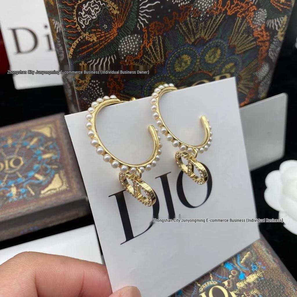 Women's Luxurious C-Shaped Pearl Tassel Earrings with CD Letter and Diamond Inlays