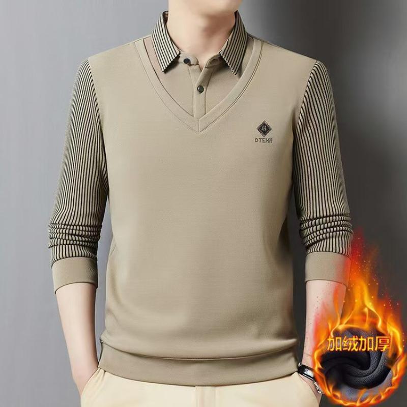 Осень Зима Мужской Пуловер с Воротником Поло Полосатый Флис Толстый Приталенный Топы Поддельный Двойка Трикотаж Деловые Повседневные Свитера