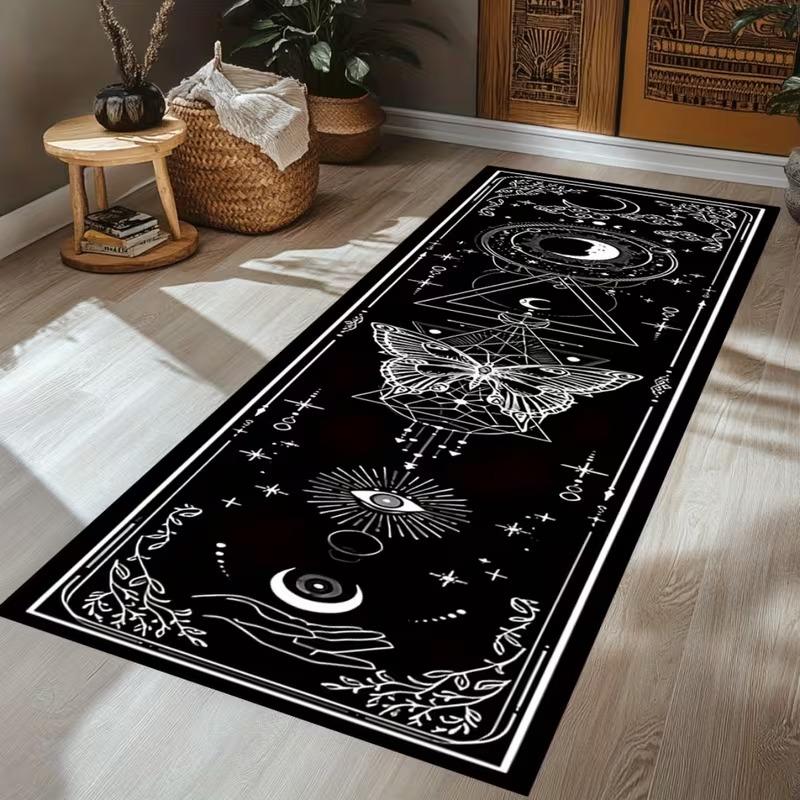 Lunar Mystic Butterfly Carpet Black Base with White Line Art Esoteric Symbols Rug Geometric Floor Mat for Meditation Spaces