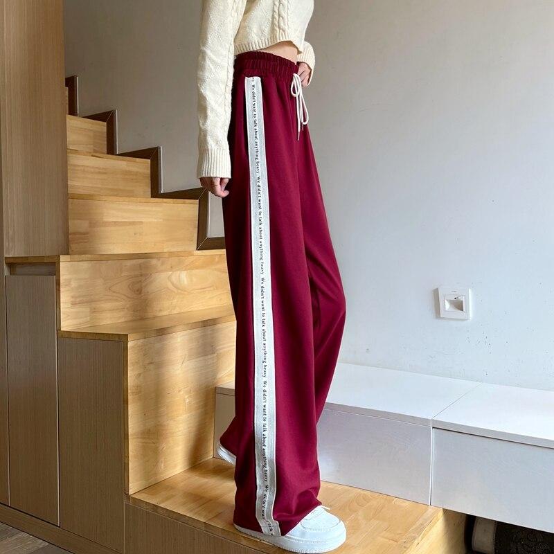 Женские свободные широкие брюки с высокой талией, весенне-осенние свободные спортивные штаны в полоску по бокам, новые женские длинные брюки больших размеров 4XL