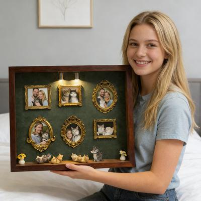 Набор для создания DIY Мини-музей Силуэтная коробка со светом Витрина для семейных фотовоспоминаний с 6 золотыми мини-рамками 4 миниатюрными кошками 2 комнатными растениями для любителей кошек