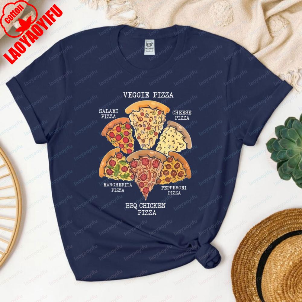 Funny Pizza Flavors Tshirt Six Pizza Types Graphic Casual Cotton Tee Daily Wear Pizza Lover Vintage Fashion Streetwear for Women