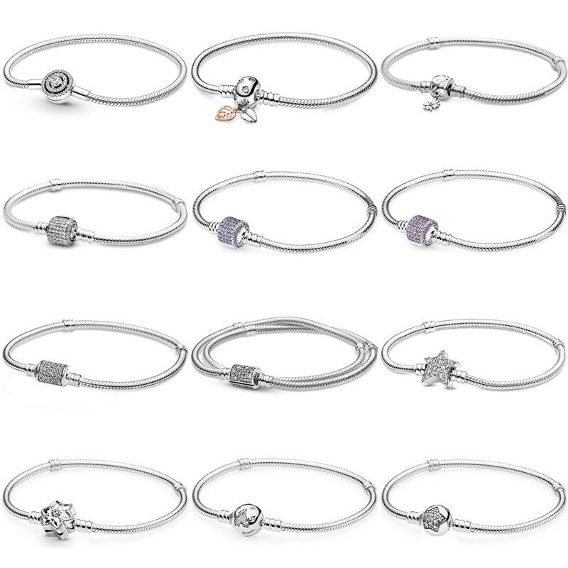 Original Snowflake Logo Signature Halo Star Snake Chain Bracelet For 925 Sterling Silver Bracelet Bead Charm Diy Jewelry