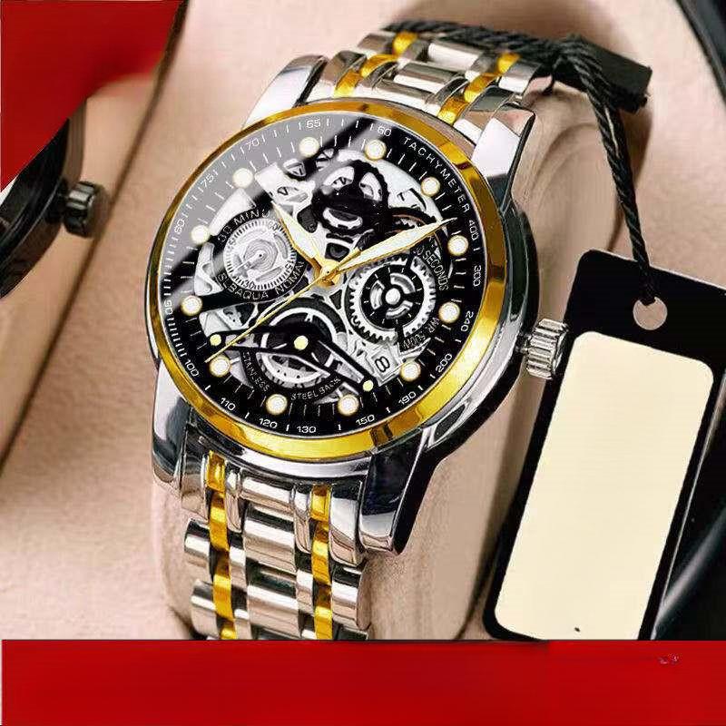 Men's Quartz Watch Male Business Wristwatch Hollow Dial Calendar Luminous Display Steel Band Waterproof Fashion Casual Watches