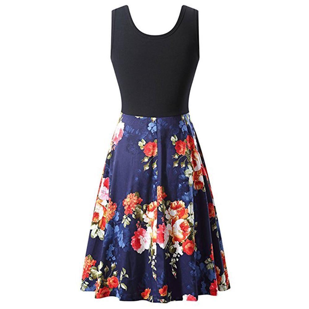 Womens Retro Floral Print Sleeveless Cotton Dress With Round Neck For Summer Vintage Style