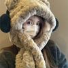 Cute Headphones Bear Hat for Women In Autumn and Winter Thickened Cold and Warm Plush Face Protecting Hat and Scarf