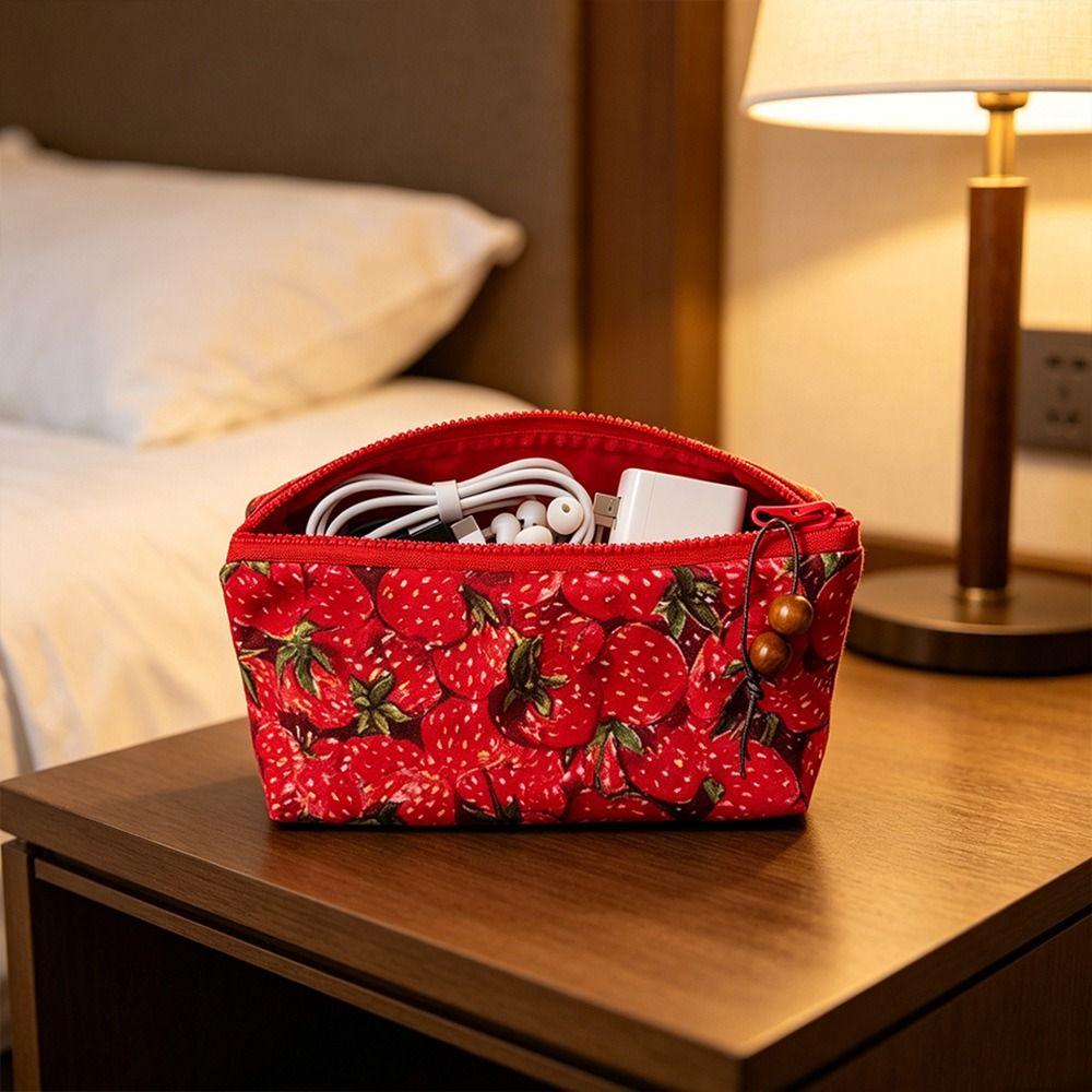 Zipper Design Pencil Case Strawberry Print Cosmetic Bag Trendy Makeup Pouch  School Supplies